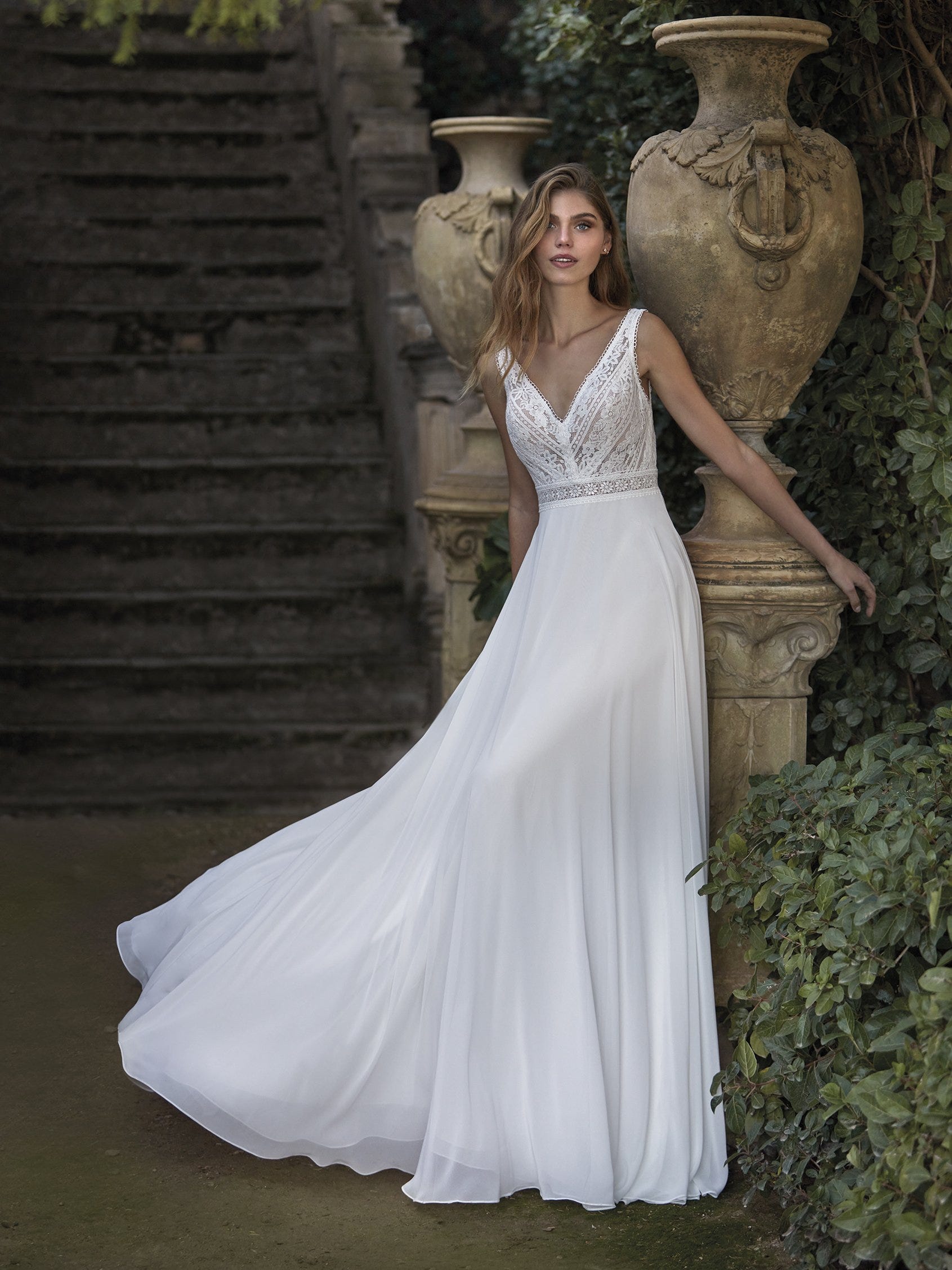 ROSETTA Flowy A line wedding dress with V neck Nicole Milano