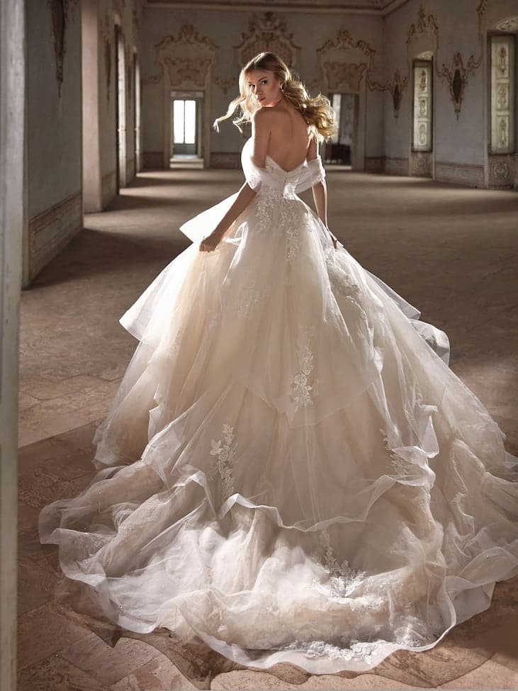 Mujer con un vestido de novia tipo princesa de espaldas